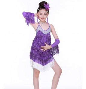 Fuchsia hot pink royal blue purple violet fringes sequined backless girls kids children competition performance latin salsa cha cha dance dresses